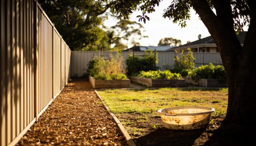 A backyard with a mulched path along the fence, raised garden beds and a shaded area with a water bowl.