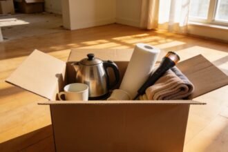 An open box packed with a kettle, mugs, towels and a torch on the floor of an empty room.