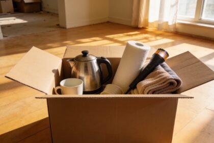 An open box packed with a kettle, mugs, towels and a torch on the floor of an empty room.