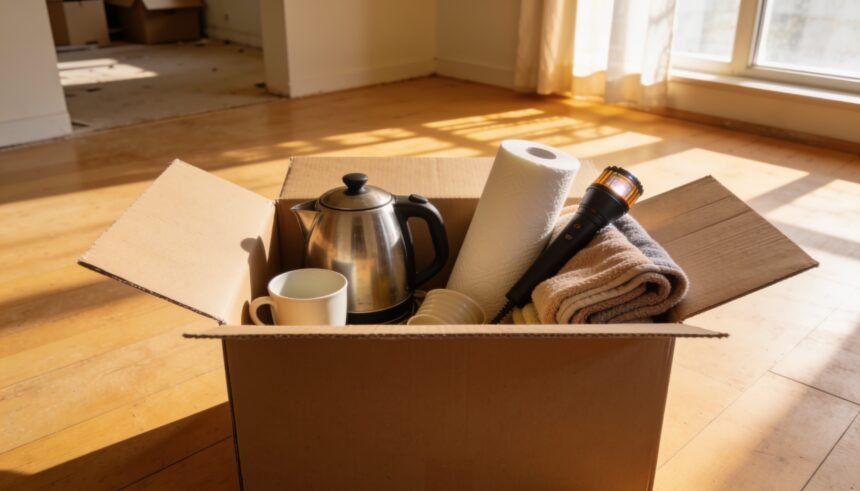 An open box packed with a kettle, mugs, towels and a torch on the floor of an empty room.