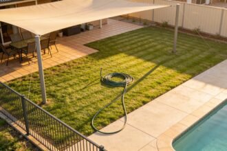 A suburban backyard in spring with a shade sail, mown lawn and a pool fence with clear space around it.