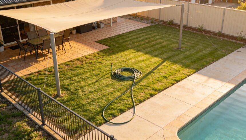 A suburban backyard in spring with a shade sail, mown lawn and a pool fence with clear space around it.