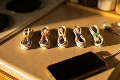 Five short charging cables coiled in a row on a kitchen bench, each marked with coloured tape.