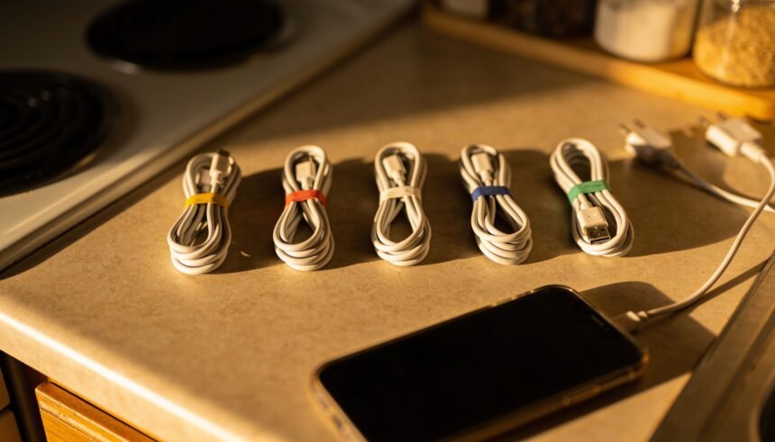 Five short charging cables coiled in a row on a kitchen bench, each marked with coloured tape.