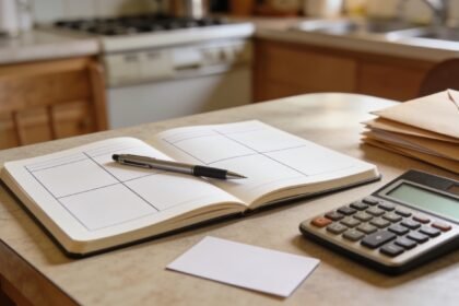 An open notebook ruled into four columns beside a calculator, a pen and a pile of envelopes on a kitchen table.