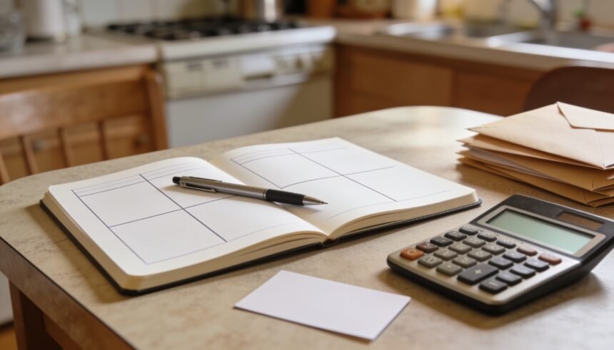 An open notebook ruled into four columns beside a calculator, a pen and a pile of envelopes on a kitchen table.
