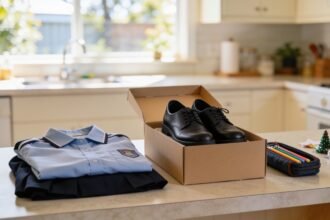 A folded school uniform, new school shoes and a pencil case on a bench beside leftover Christmas decorations.