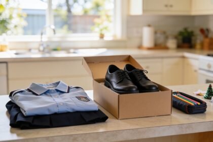 A folded school uniform, new school shoes and a pencil case on a bench beside leftover Christmas decorations.