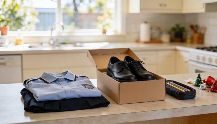 A folded school uniform, new school shoes and a pencil case on a bench beside leftover Christmas decorations.