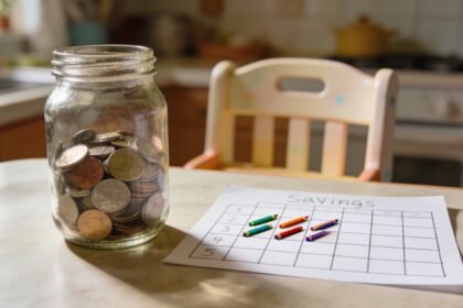 A glass jar of coins on a kitchen table beside a hand-ruled savings chart with crayons resting on it.