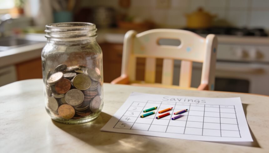 A glass jar of coins on a kitchen table beside a hand-ruled savings chart with crayons resting on it.