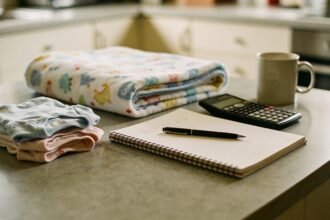 A notebook and calculator on a kitchen table beside folded newborn clothing and a blanket.