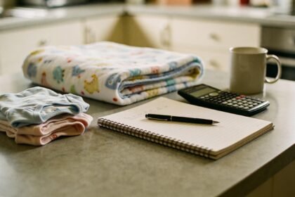 A notebook and calculator on a kitchen table beside folded newborn clothing and a blanket.