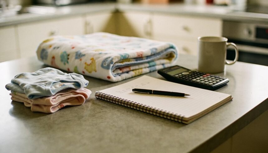 A notebook and calculator on a kitchen table beside folded newborn clothing and a blanket.