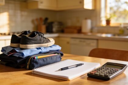 A notebook and calculator beside school shoes, a uniform and a pencil case on a kitchen table.