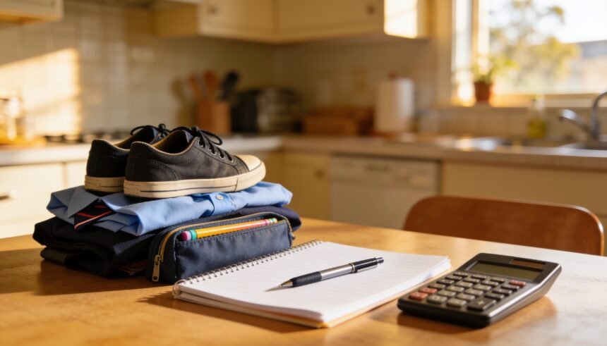 A notebook and calculator beside school shoes, a uniform and a pencil case on a kitchen table.