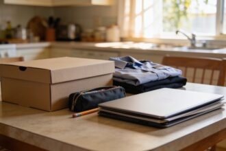School shoes, a uniform, stationery and a laptop stacked on a kitchen table before term starts.