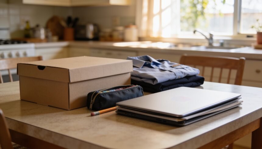 School shoes, a uniform, stationery and a laptop stacked on a kitchen table before term starts.