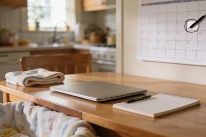 A closed laptop, notepad and pen on a kitchen table beside a calendar with a date circled and a folded baby blanket.