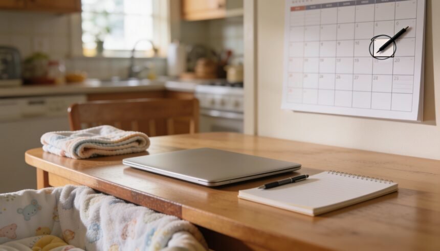 A closed laptop, notepad and pen on a kitchen table beside a calendar with a date circled and a folded baby blanket.