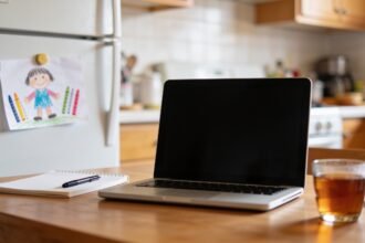 A laptop, notepad and pen on a kitchen table with a child's drawing on the fridge behind.