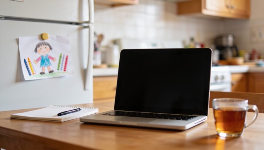 A laptop, notepad and pen on a kitchen table with a child's drawing on the fridge behind.