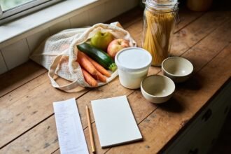 Groceries, a yoghurt tub and two bowls beside a face-down receipt and blank notepad on a kitchen bench.
