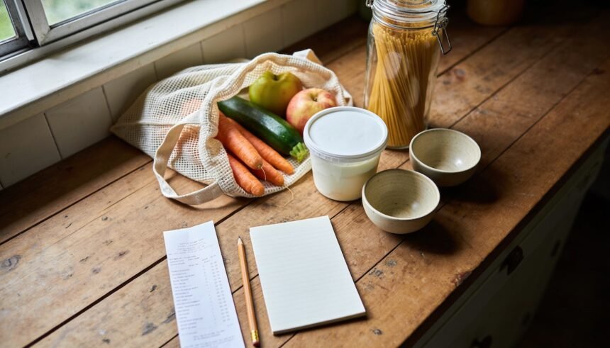 Groceries, a yoghurt tub and two bowls beside a face-down receipt and blank notepad on a kitchen bench.
