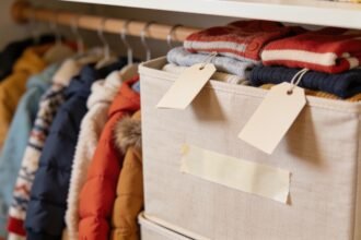 A storage box on a wardrobe shelf holding folded children's winter clothing with plain tags still attached.