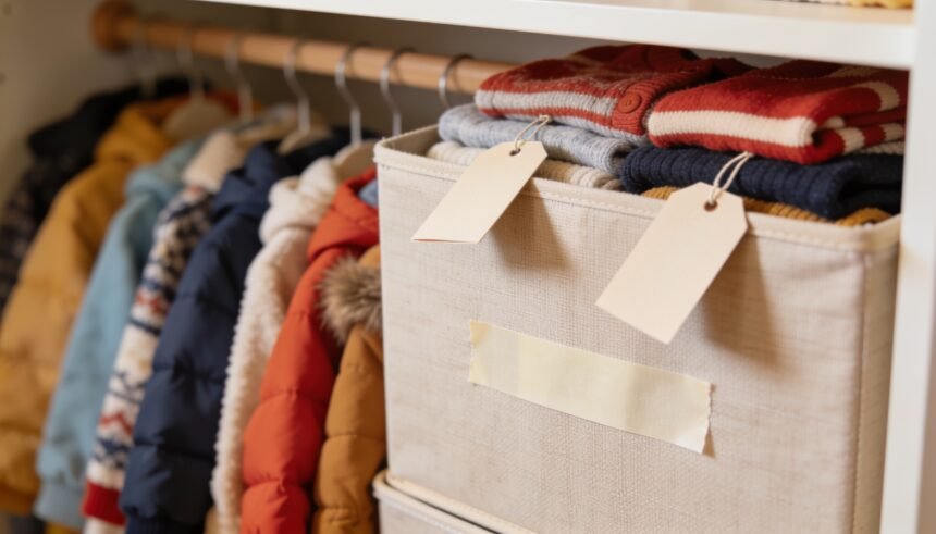 A storage box on a wardrobe shelf holding folded children's winter clothing with plain tags still attached.