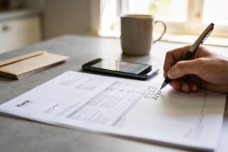 A hand marking a printed bank statement beside a phone on a kitchen bench.