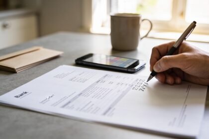 A hand marking a printed bank statement beside a phone on a kitchen bench.