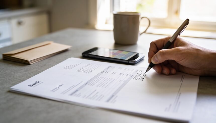 A hand marking a printed bank statement beside a phone on a kitchen bench.
