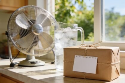 A brown paper wrapped gift and a blank notepad on a kitchen bench in bright summer light, with a fan behind.