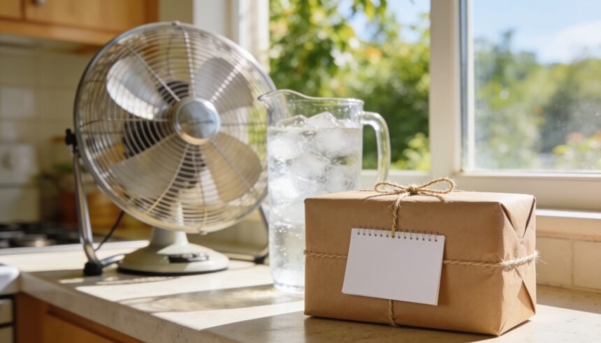 A brown paper wrapped gift and a blank notepad on a kitchen bench in bright summer light, with a fan behind.