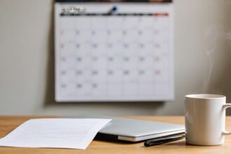 A printed page on a desk beside a closed laptop, a pen and a coffee, with a calendar on the wall behind.