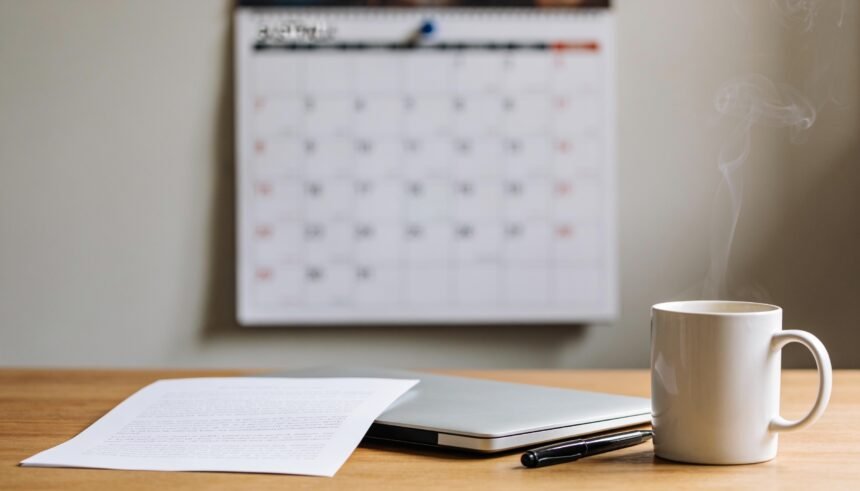 A printed page on a desk beside a closed laptop, a pen and a coffee, with a calendar on the wall behind.
