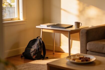 A small desk in the corner of a living room with a closed laptop, and a school bag and afternoon snack nearby.
