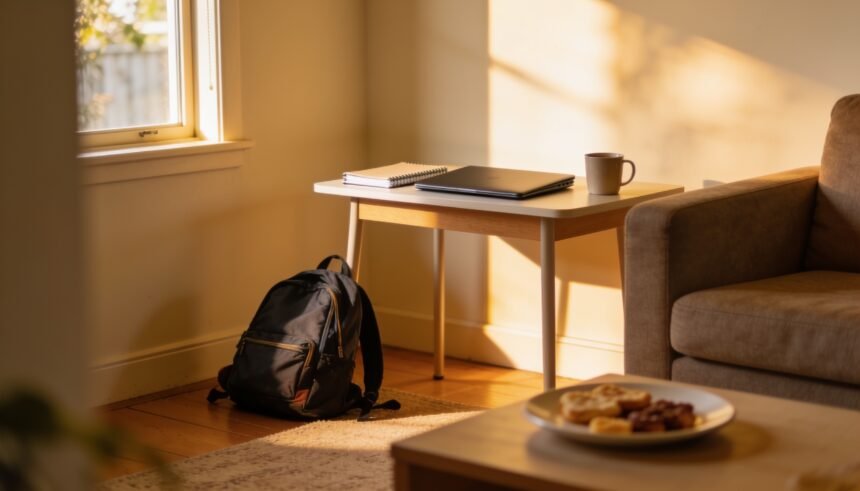 A small desk in the corner of a living room with a closed laptop, and a school bag and afternoon snack nearby.