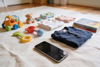 Clean children's items arranged on a plain sheet in daylight with a phone beside them, ready to photograph.