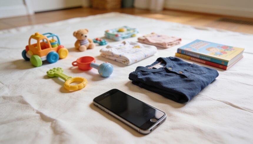 Clean children's items arranged on a plain sheet in daylight with a phone beside them, ready to photograph.