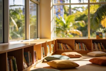 A library children's area with low shelving and cushions on the floor, with greenery visible through large windows.