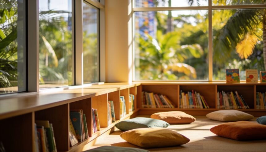 A library children's area with low shelving and cushions on the floor, with greenery visible through large windows.
