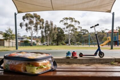 A scooter and a packed lunch bag on a bench at a suburban Australian playground under a shade sail.