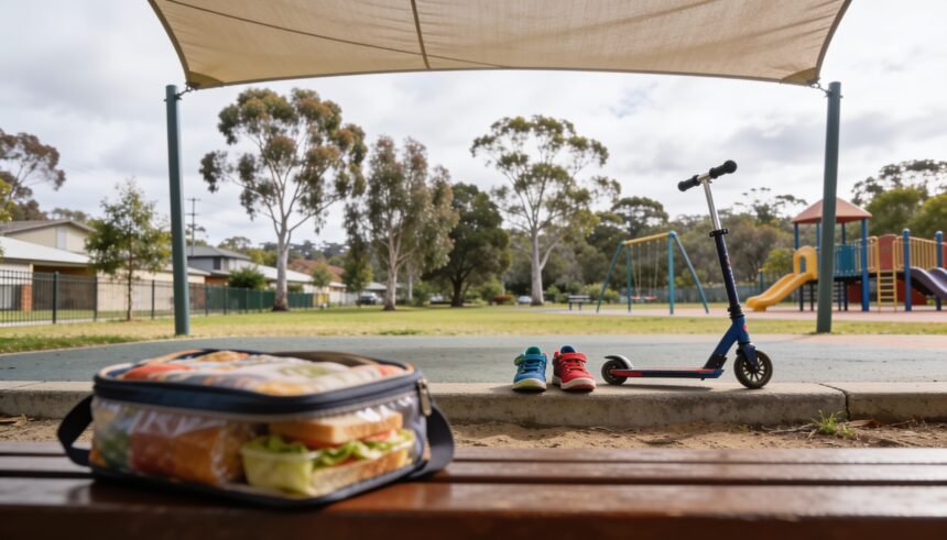 A scooter and a packed lunch bag on a bench at a suburban Australian playground under a shade sail.