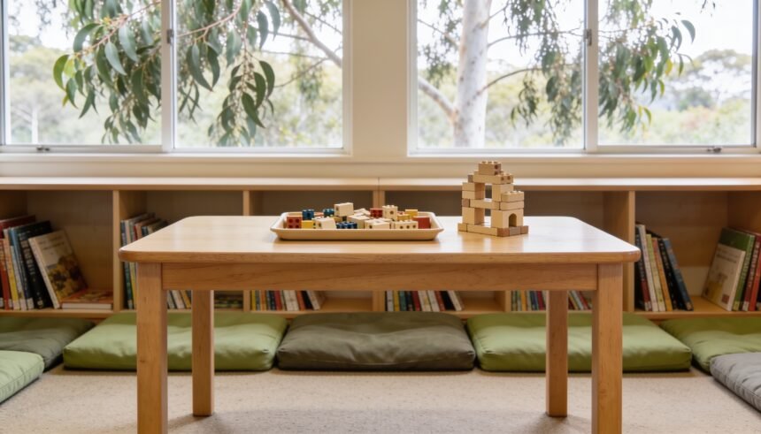 Building pieces on a child-height table beside low bookshelves and cushions in a public library.