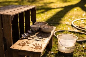 A backyard mud kitchen made from an upturned crate, old spoons, bowls and a bucket of water on a lawn.