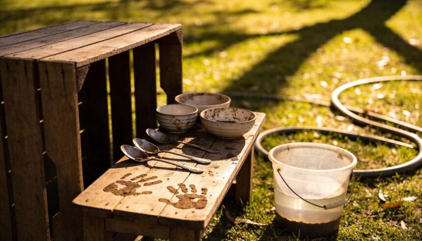 A backyard mud kitchen made from an upturned crate, old spoons, bowls and a bucket of water on a lawn.