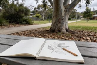 A sketchbook with leaf outlines on a picnic table beside a eucalypt and park path.