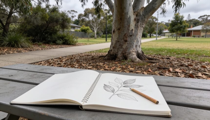 A sketchbook with leaf outlines on a picnic table beside a eucalypt and park path.